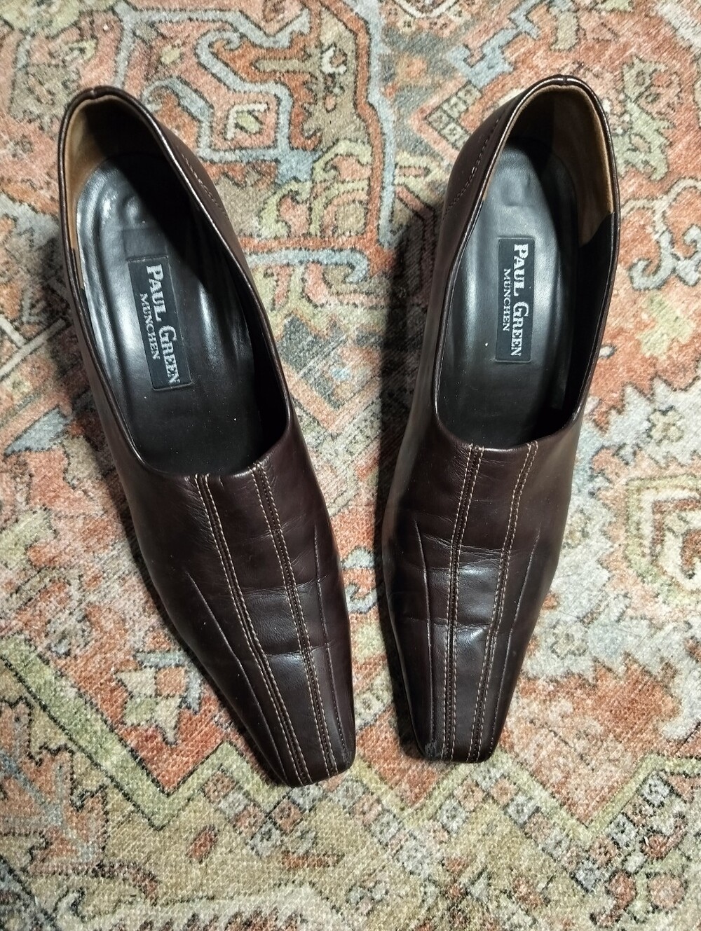 Vintage Paul Green Dark Brown Leather Square-Toe Slip-On Loafer Heels - 9 (6 UK)